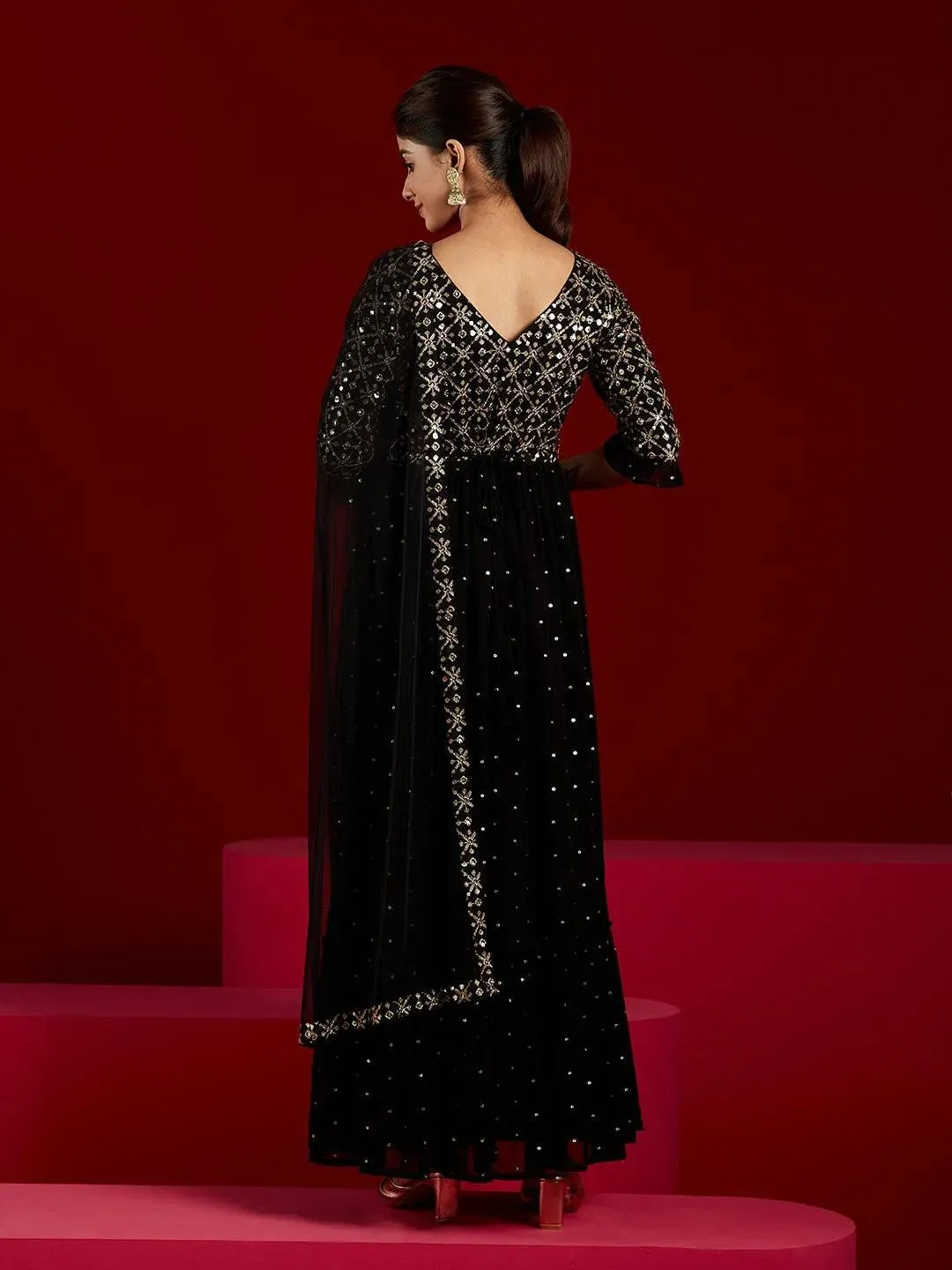 Black Embroidered Georgette Anarkali Suit With Dupatta