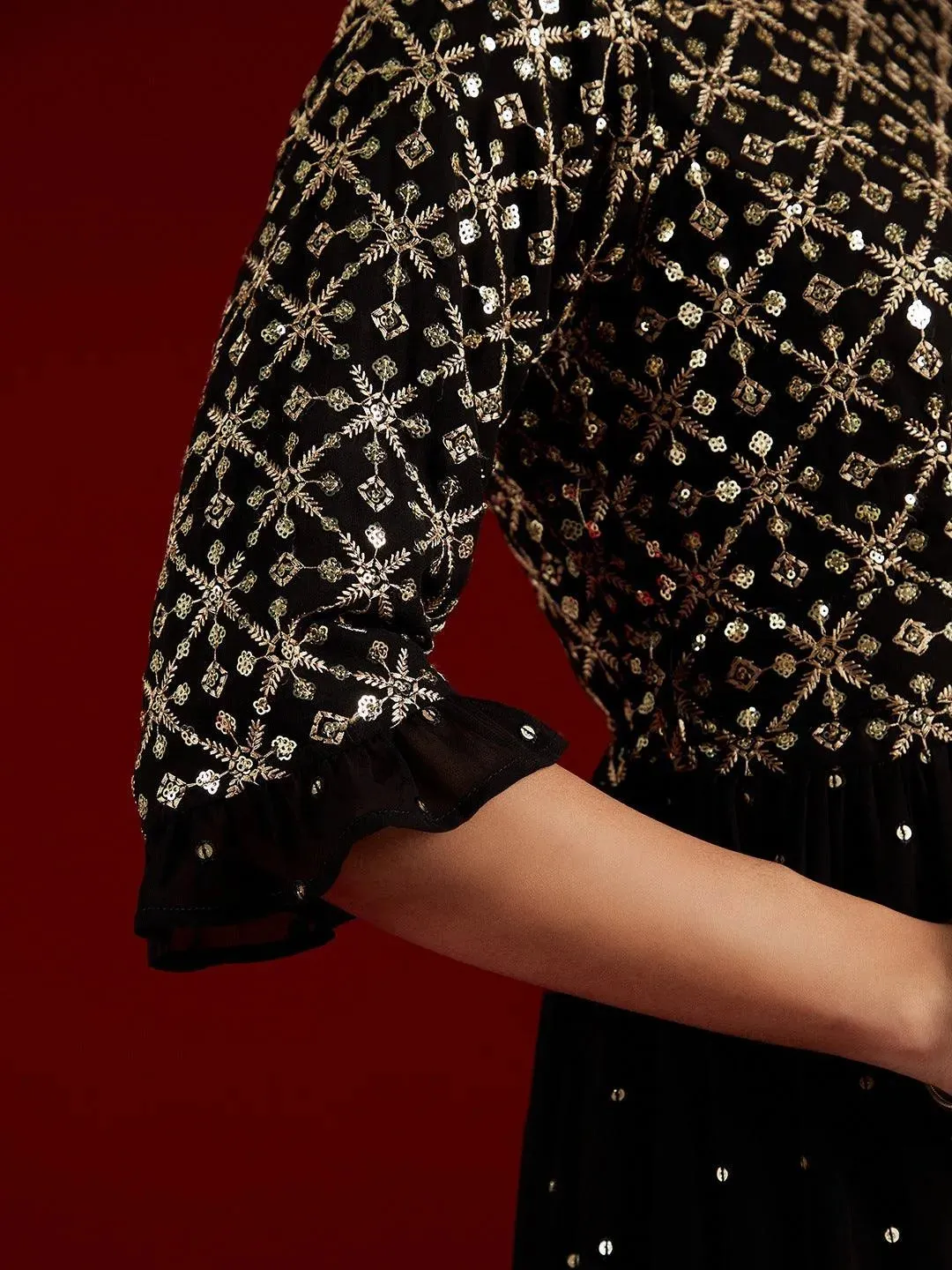 Black Embroidered Georgette Anarkali Suit With Dupatta
