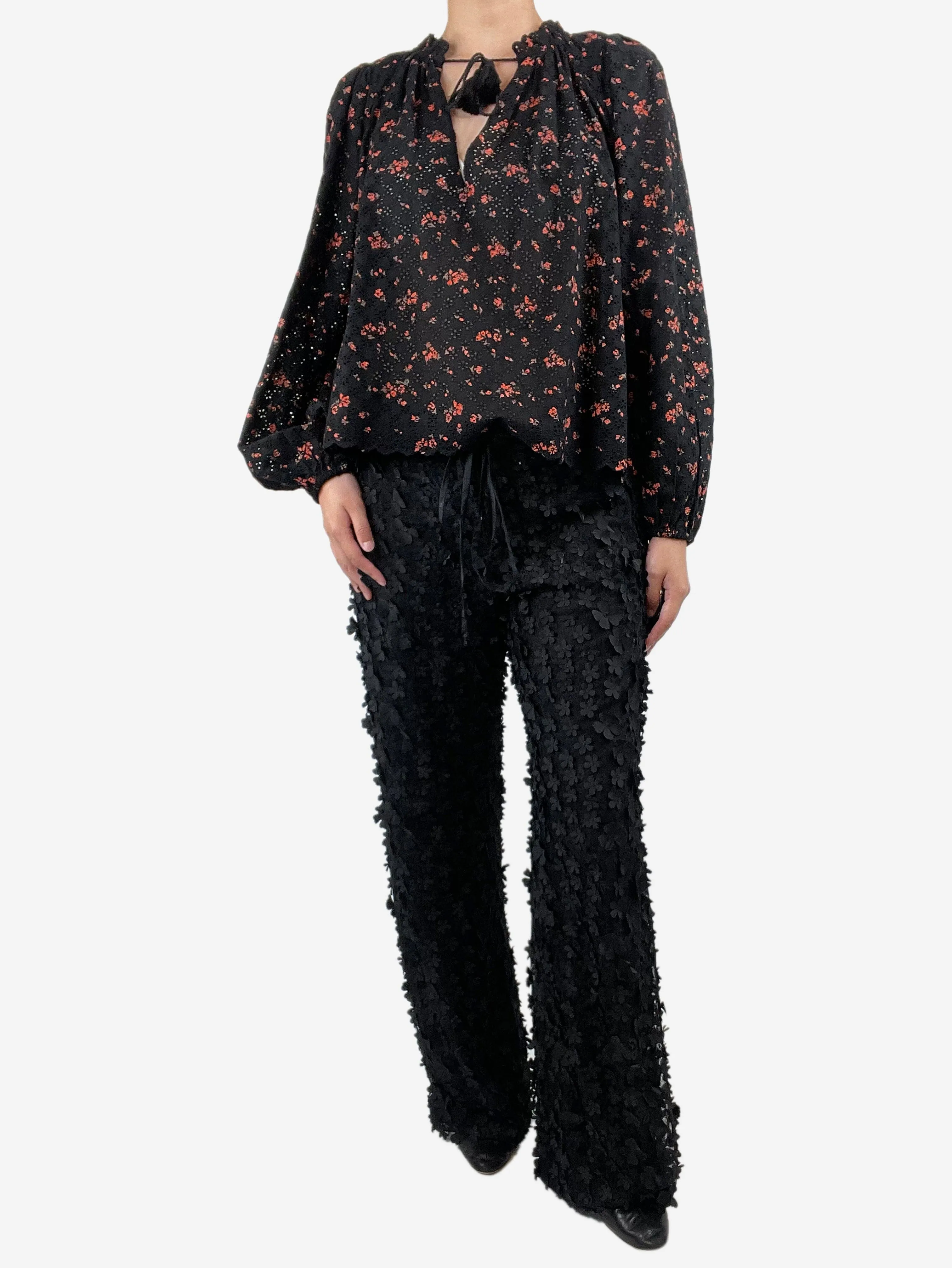 Black floral applique trousers - size UK 12