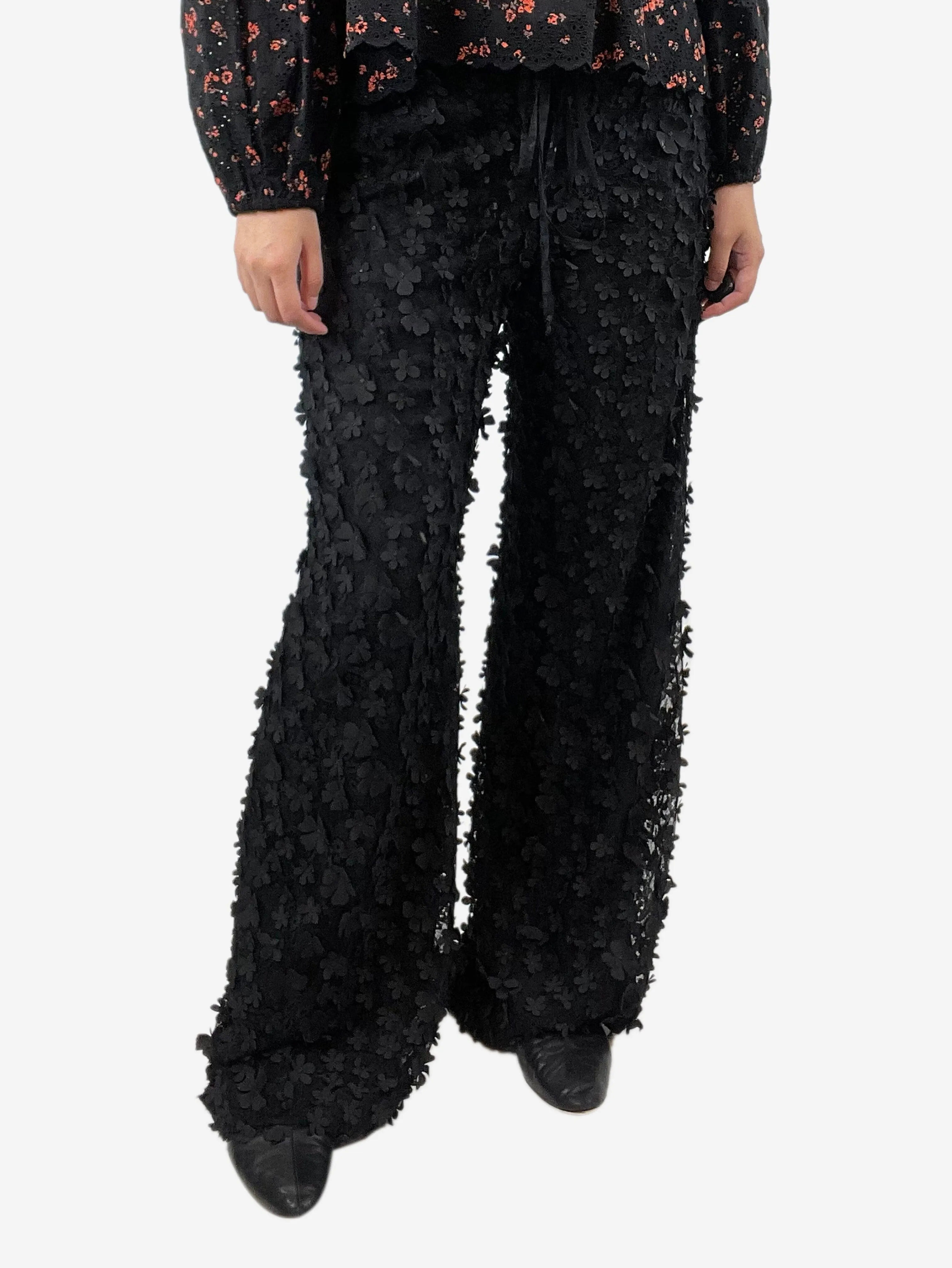 Black floral applique trousers - size UK 12