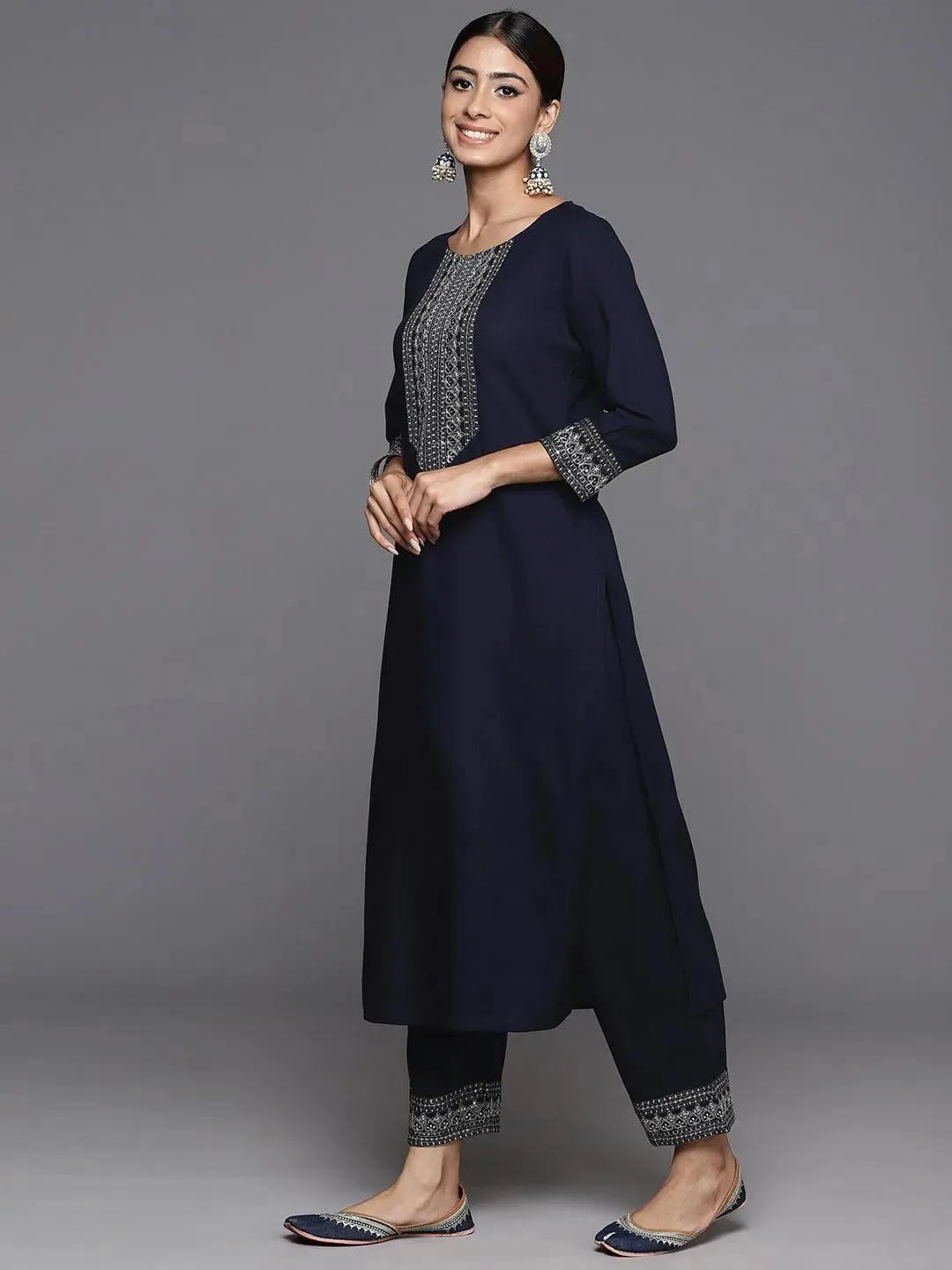 Blue Yoke Design Rayon Straight Kurta Set