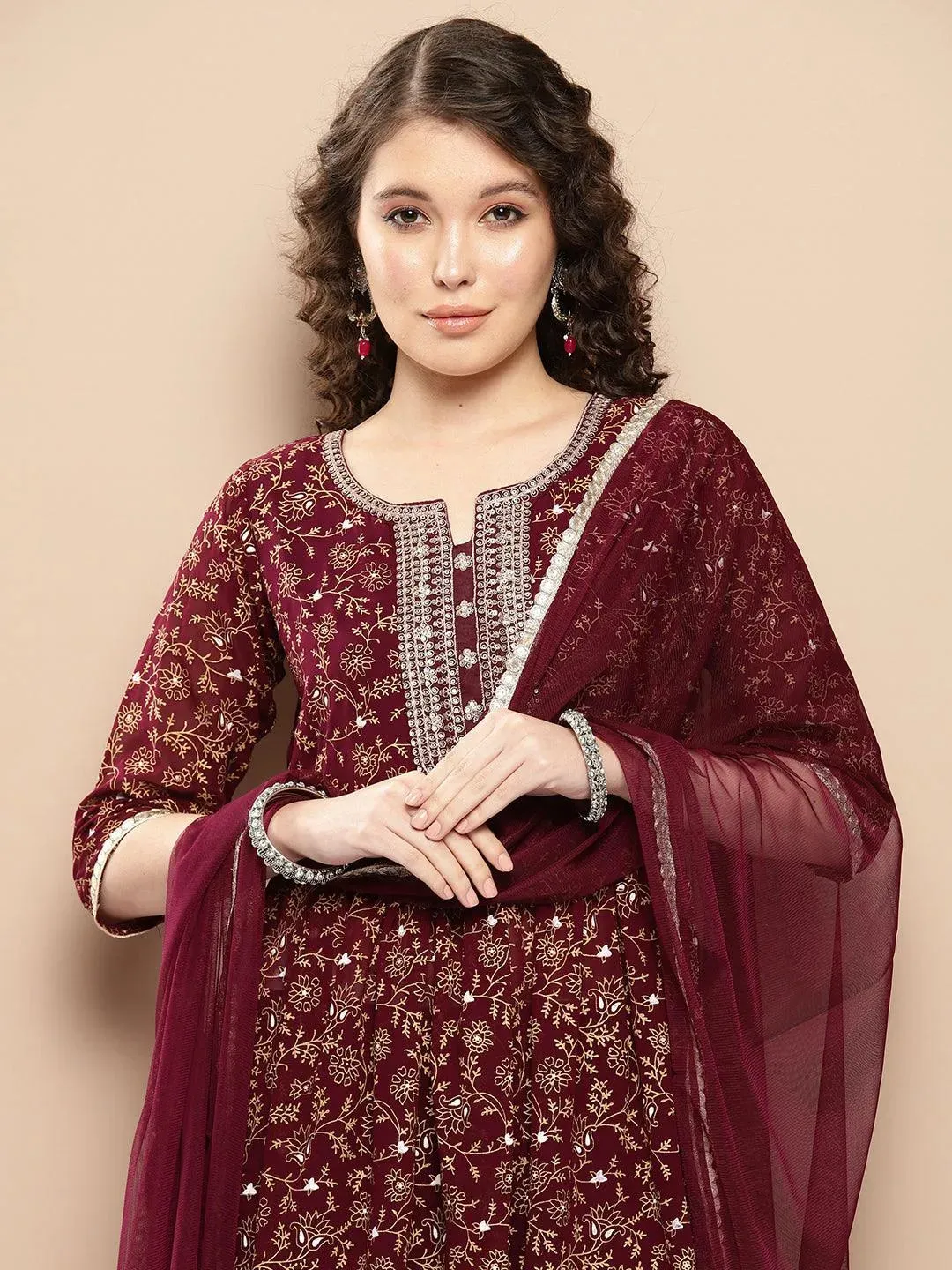Burgundy Yoke Design Georgette A-Line Kurta With Trousers & Dupatta