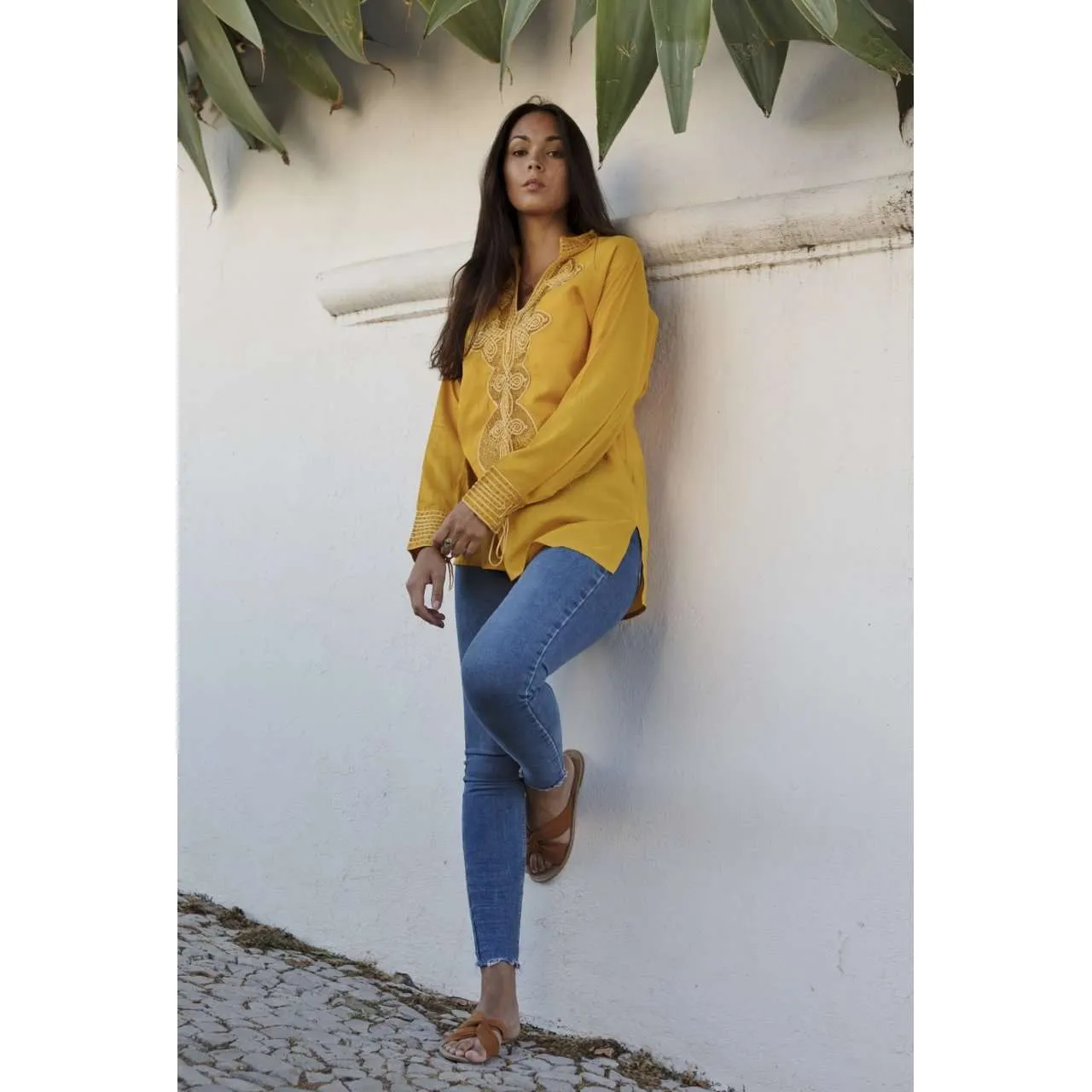 Dark Yellow Moroccan Bedouin Tunic- tunic, shirt, moroccan shirt, embroidery tunic
