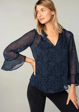 Flutter sleeve blouse w/dot chiffon