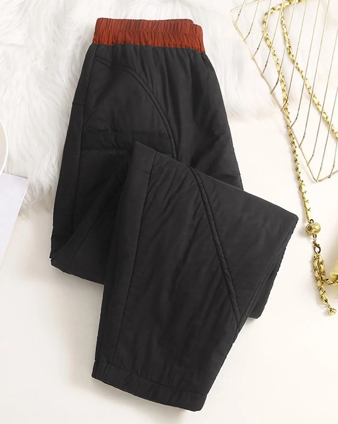 GGUHHU Womens Winter Padded Harem Pants Color Block Elastic Waist Loose Fit Warm Trousers Slacks