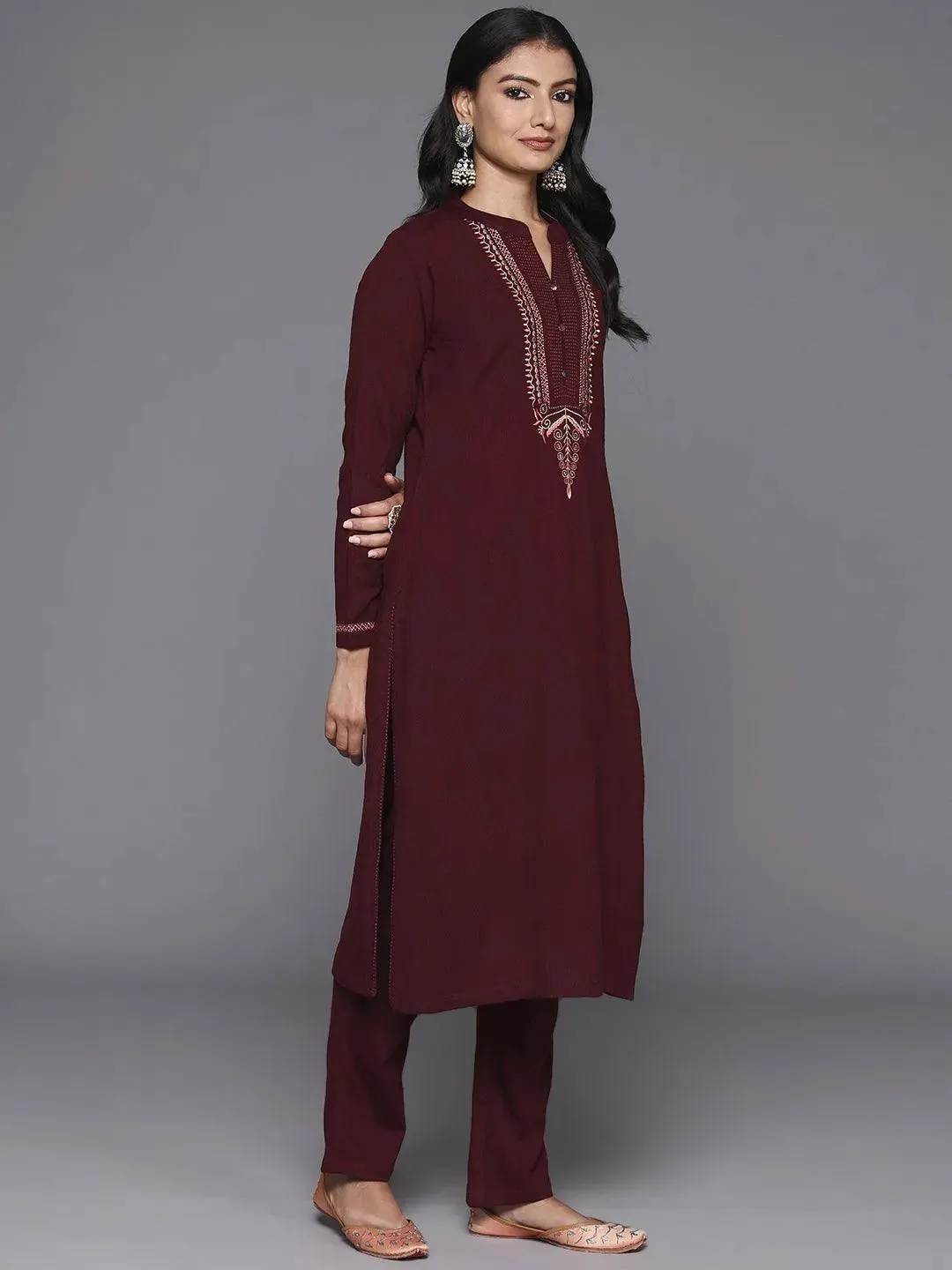 Maroon Yoke Design Wool Blend Straight Suit With Dupatta