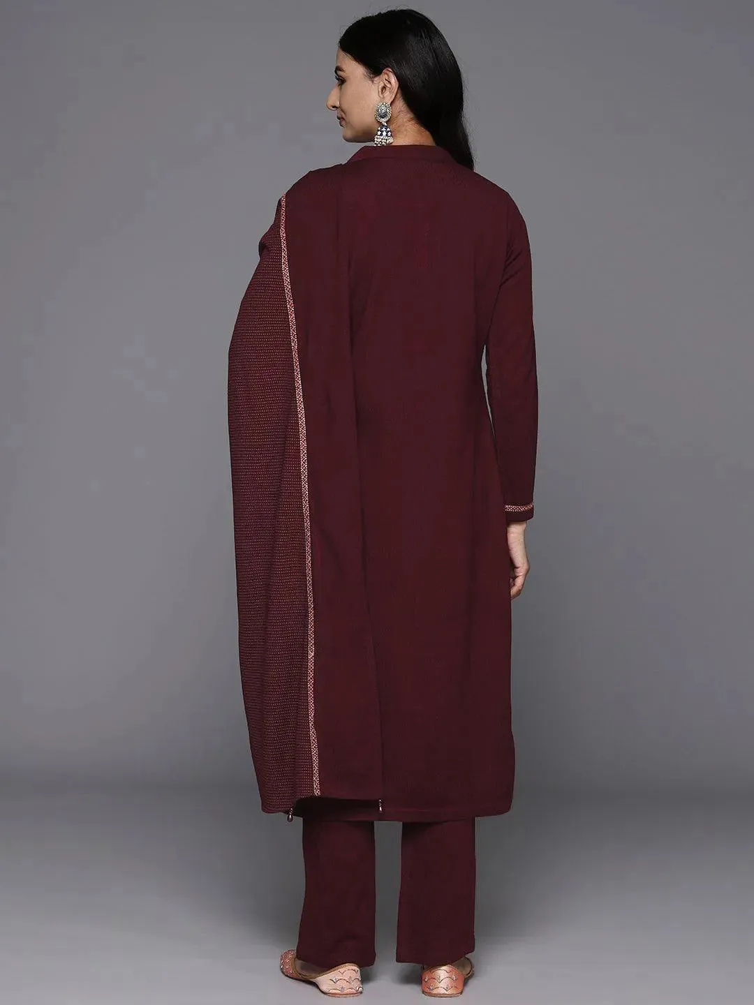 Maroon Yoke Design Wool Blend Straight Suit With Dupatta
