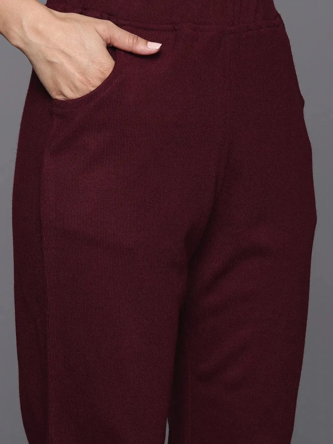 Maroon Yoke Design Wool Blend Straight Suit With Dupatta