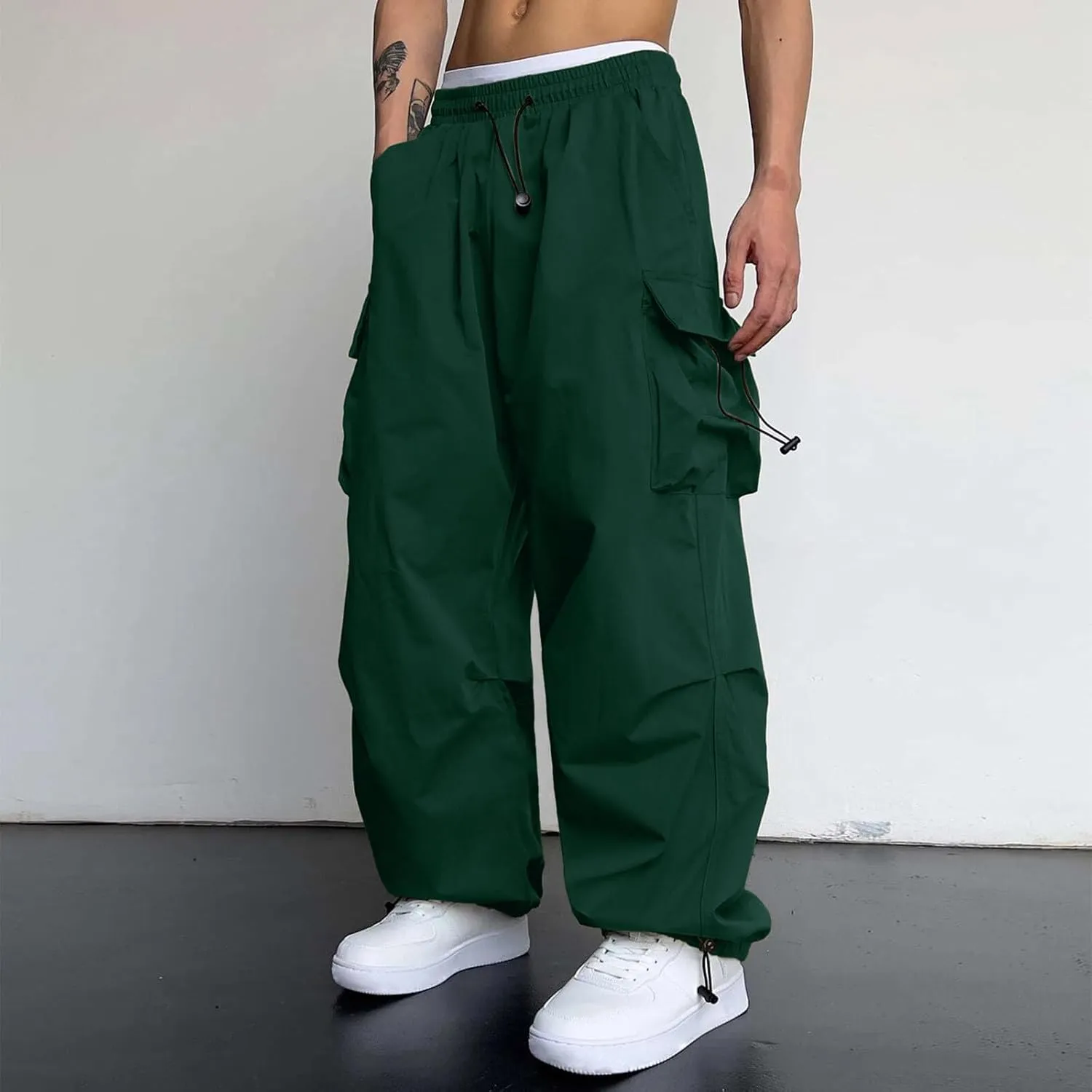Mens Cargo Pants Elastic Waist Work Pant Multi Pockets Casual Cotton Hip Hop Parachute Pants