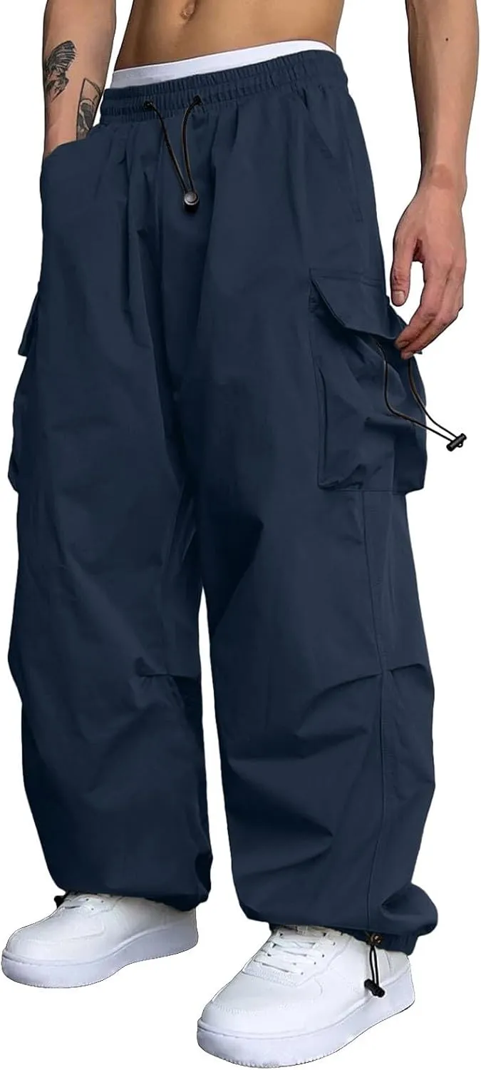 Mens Cargo Pants Elastic Waist Work Pant Multi Pockets Casual Cotton Hip Hop Parachute Pants