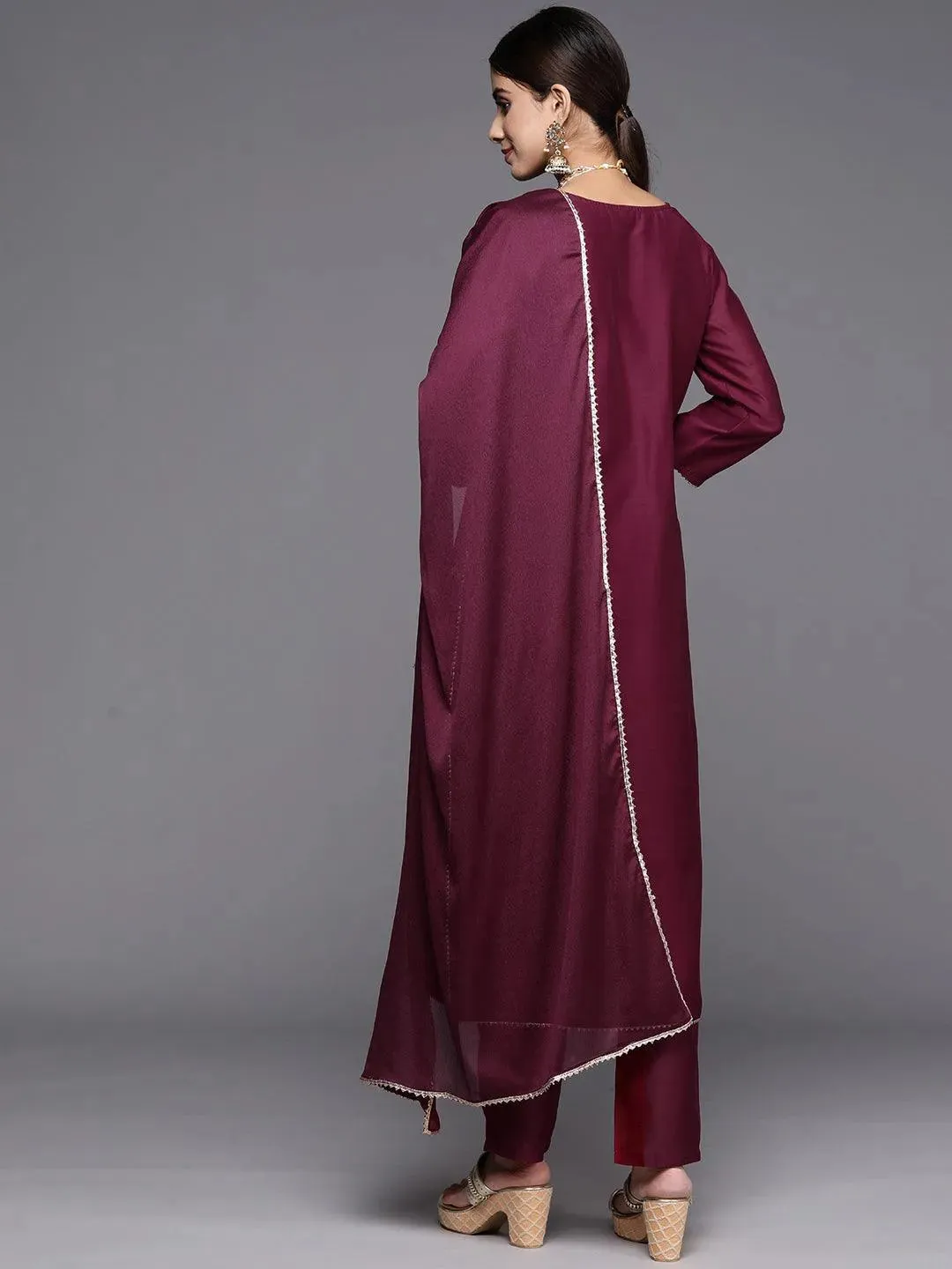 Wine Embroidered Chanderi Silk Straight Suit With Dupatta